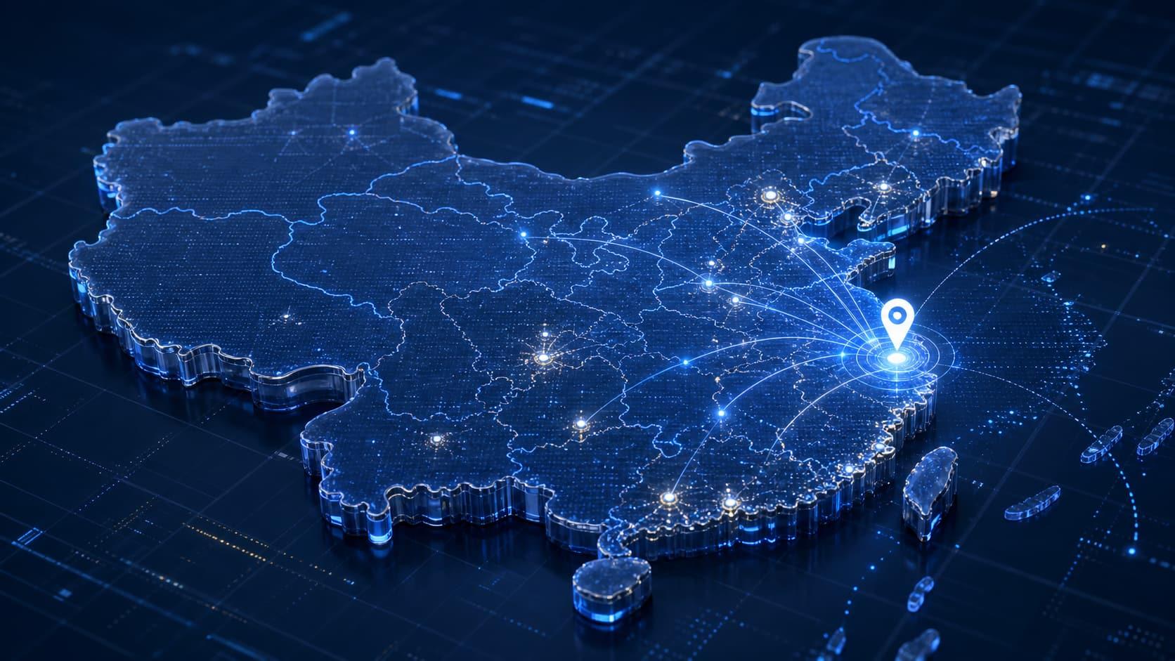 上海在中国地图上的 3D 科技定位